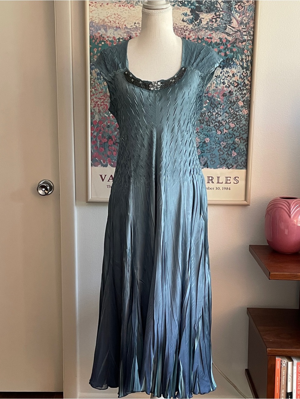 Komarov Teal Blue Pleated Maxi Dress Cardigan Set Mermaid Fairy Wedding Guest